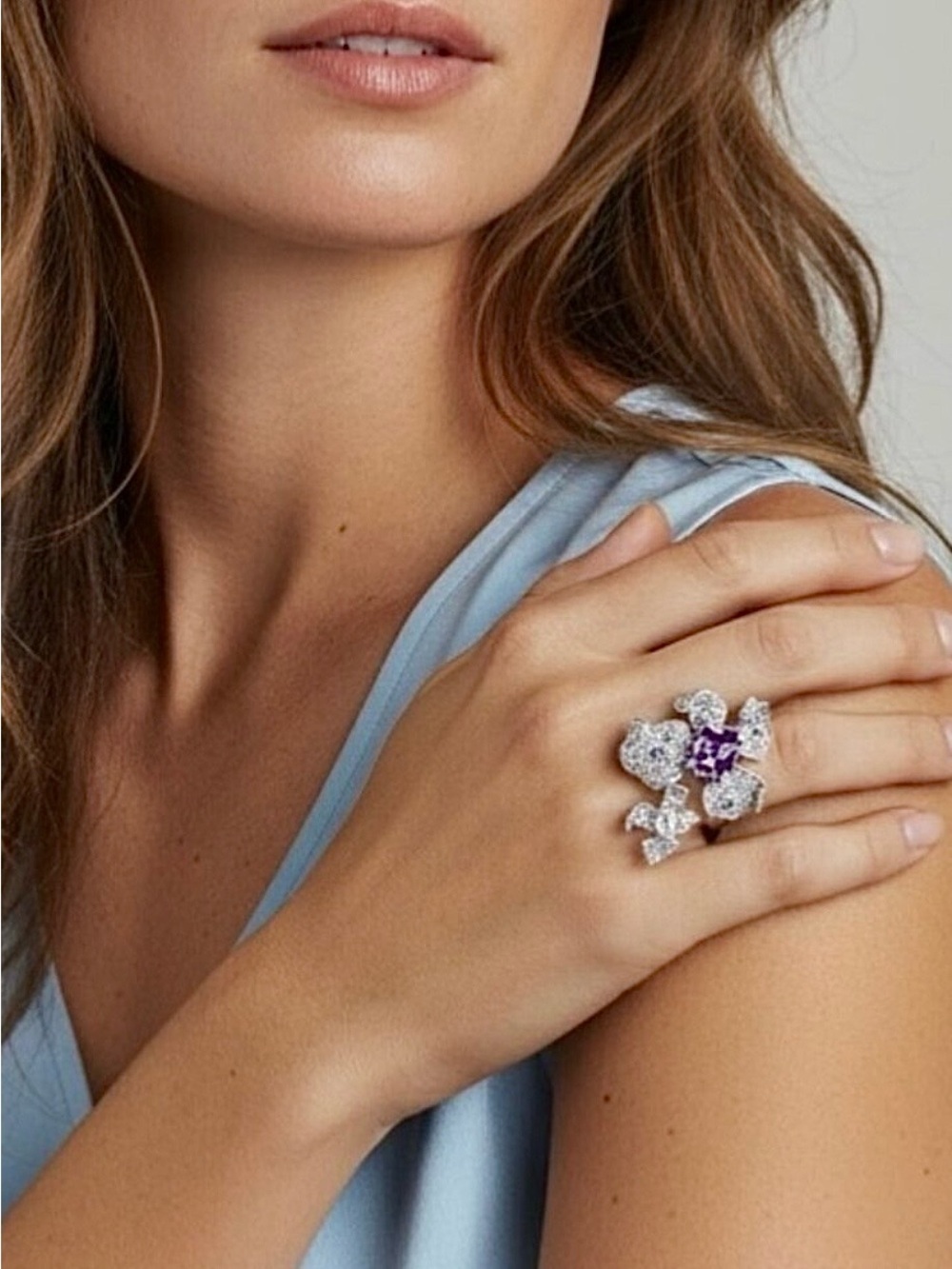 New  Statement Flower Ring S925 Sterling Silver CZ Open Adjustable Orchid Glam